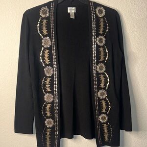 Chico's Black Open-Front Cardigan with Gold & Silver Embellished Trim
